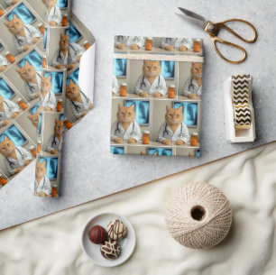Papier Cadeau Chat roux portant une blouse de laboratoire de méd