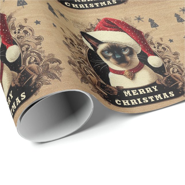 Papier Cadeau Chat Siamese, Noël Père Noël Kitten (Coin rond)