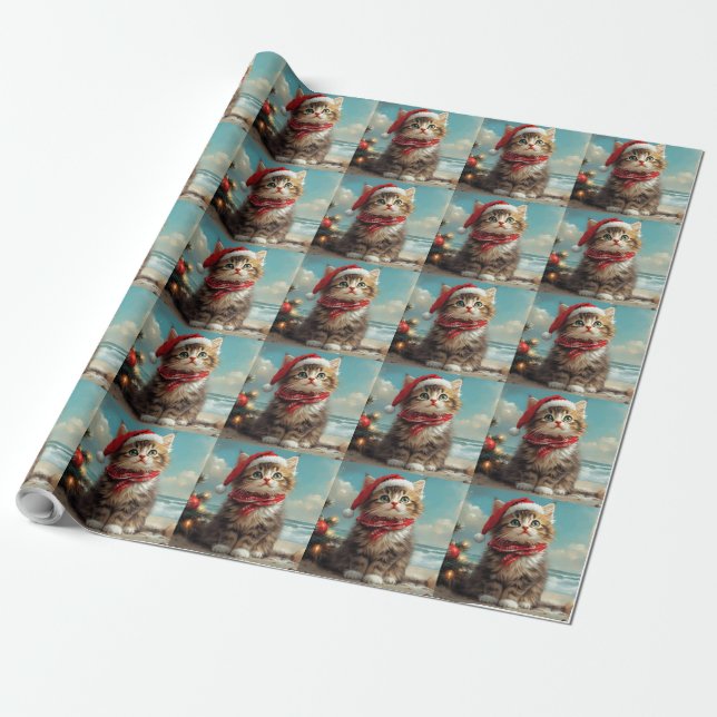 Papier Cadeau Chat Sibérien Noël Vintage Plage (Déroulé)