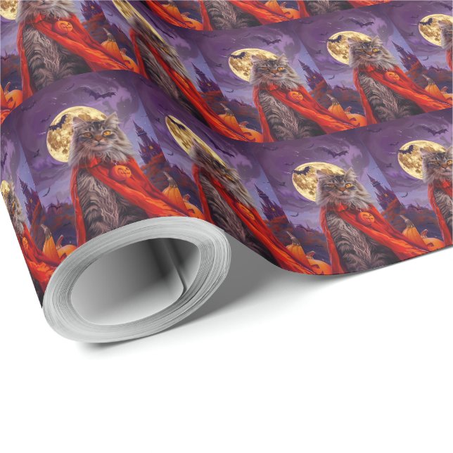 Papier Cadeau Chat sibérien vampire citrouilles d'Halloween effr (Coin rond)
