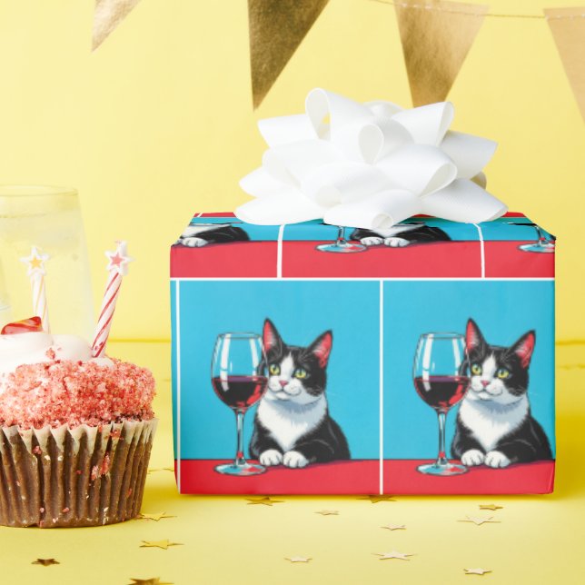 Papier Cadeau Chat Smoking avec un Verre de Vin Rouge (Fête d'anniversaire)