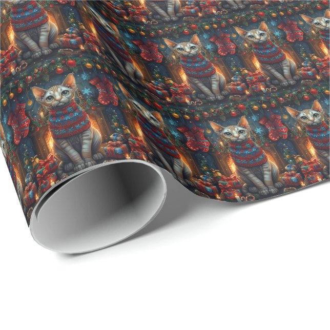 Papier Cadeau Chat Sphynx avec des cadeaux de Noël Cheminée (Coin rond)
