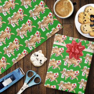 Papier Cadeau Chat tigré orange drôle jouant aux cartes de solit
