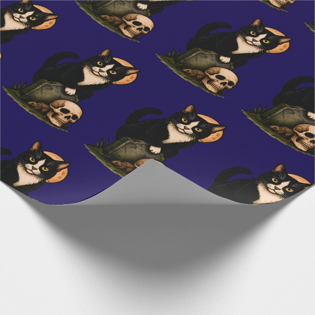 Papier Cadeau Chat Tuxedo et Crâne Conception de Cimetière Gothi (Coin)