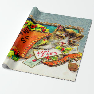 Papier Cadeau Chat vintage joyeux Noël
