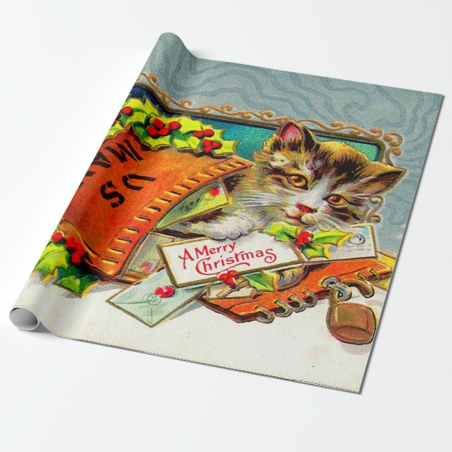 Papier Cadeau Chat vintage joyeux Noël  (Déroulé)