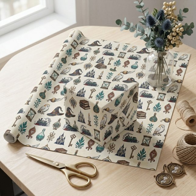 Papier Cadeau Château de conte de fées Chapeau de sorcière Choue (Storybook Castle White Owl Witch Hat Magical Ivory Wrapping Paper)