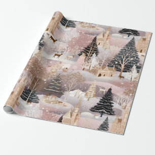 Papier Cadeau Château de fantaisie de cerf d'hiver rose (1)