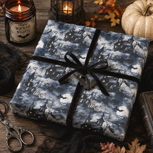 Papier Cadeau Château Hanté Lune & Chauves-Souris Halloween Goth