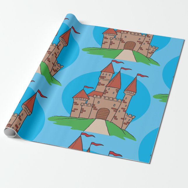 Papier Cadeau Château Médiéval sur une Colline avec des Drapeaux (Déroulé)
