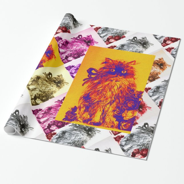 Papier Cadeau CHATON AUX ROSES ROUGES,Jaune Orange,Bleu (Déroulé)