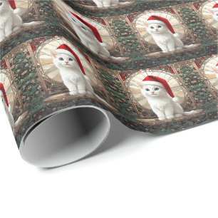 Papier Cadeau Chaton blanc avec chapeau de Père Noël