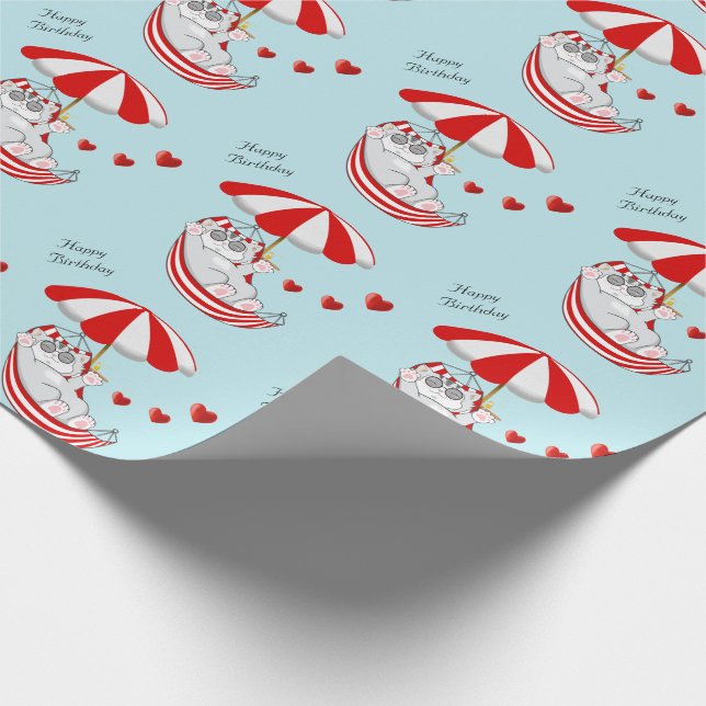 Papier Cadeau Chaton d'anniversaire dans hamac rouge et blanc (Coin)