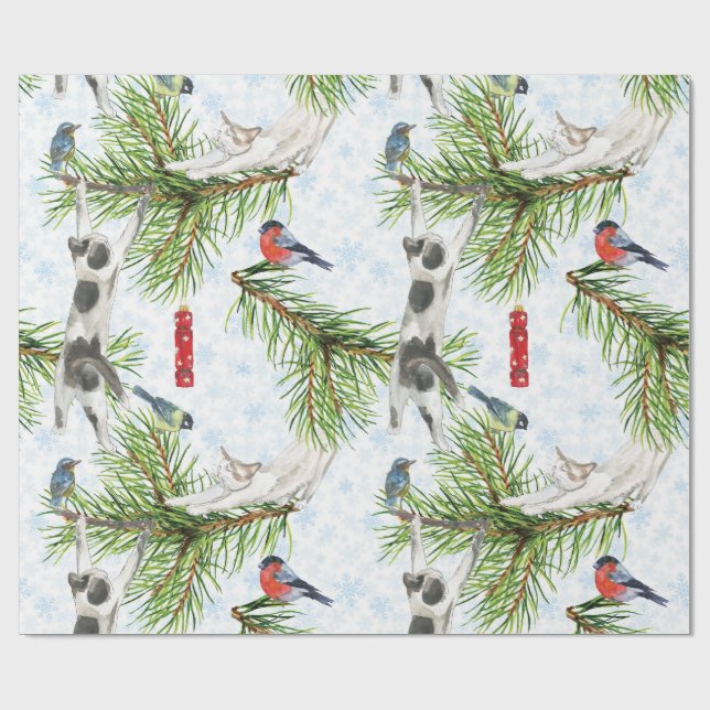 Papier Cadeau Chaton de Noël avec oiseaux (Plat)