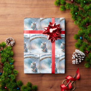 Papier Cadeau Chaton de Noël portant une écharpe d'hiver