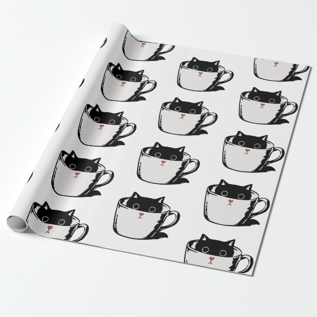 Papier Cadeau Chaton noir avec nez rouge caché dans une tasse (Déroulé)