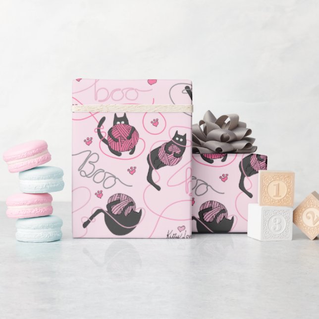 Papier Cadeau Chaton Rose Féminin Amour Chatons et Pelote de Lai (Baby Shower)