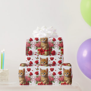 Papier Cadeau Chaton roux amour dans la boîte de la Saint-Valent
