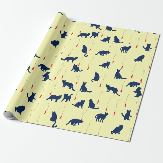 Papier Cadeau Chatons bleus mignons et poissons rouges (Déroulé)