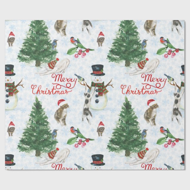 Papier Cadeau Chatons de Noël et bonhommes de neige (Plat)