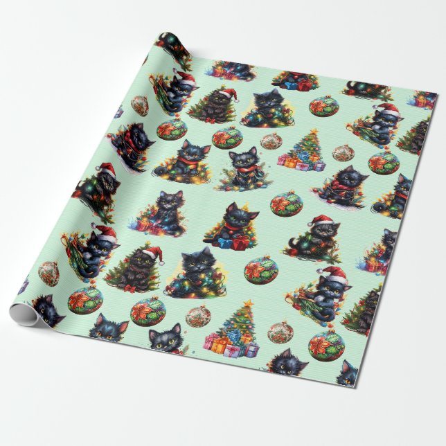 Papier Cadeau Chatons de Noël Noir Joueur (Déroulé)
