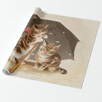 Chatons vintage sous parapluie art de chat antique