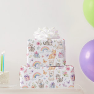 Papier Cadeau Chats à l'aquarelle Arc-en-ciel Fleurs Papillons