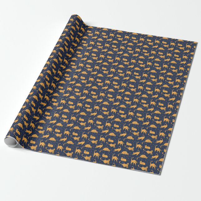 Papier Cadeau Chats amusants, étoiles, motif spatial. (Déroulé)