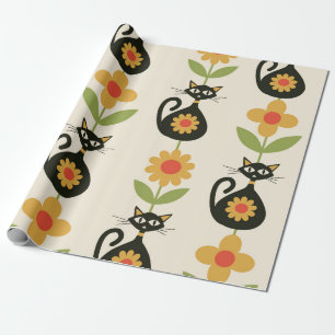 Papier Cadeau Chats atomiques de milieu de siècle avec des fleur