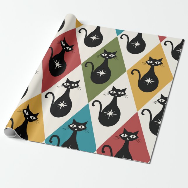 Papier Cadeau Chats atomiques de milieu de siècle sur des diaman (Déroulé)