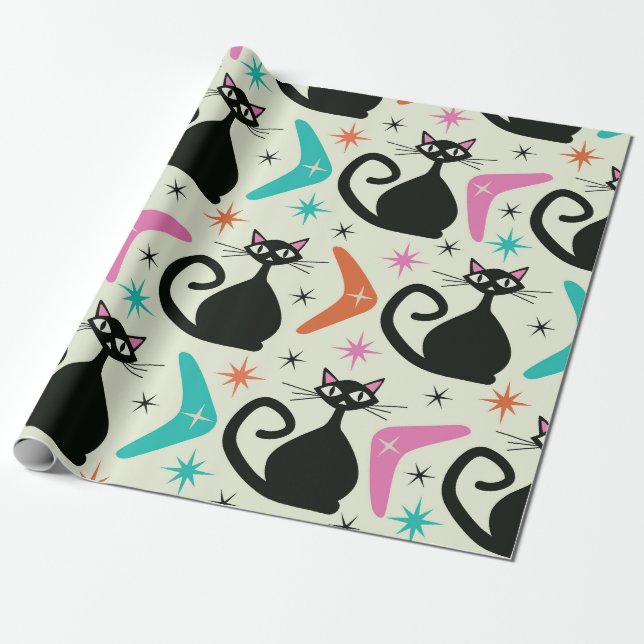 Papier Cadeau Chats atomiques noirs du milieu du siècle avec Boo (Déroulé)