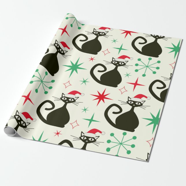 Papier Cadeau Chats Atomiques Rétro de Noël du Milieu du Siècle  (Déroulé)