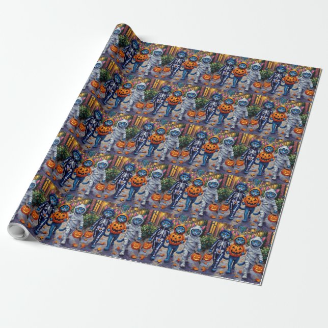 Papier Cadeau Chats bleus orientaux Trick-or-Treating Halloween  (Déroulé)