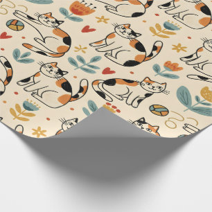 Papier Cadeau Chats calico de style d'art naïf