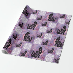 Papier Cadeau Chats cosmiques violets Motif de chaume