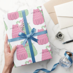 Papier Cadeau Chats d'amour rose et vert Anniversaire