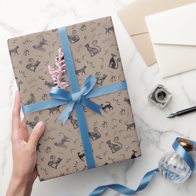 Papier Cadeau Chats d'Art Rupestre sur Fond Brun Clair (Cadeaux)