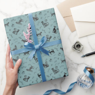 Papier Cadeau Chats d'art rupestre sur gris clair cyan