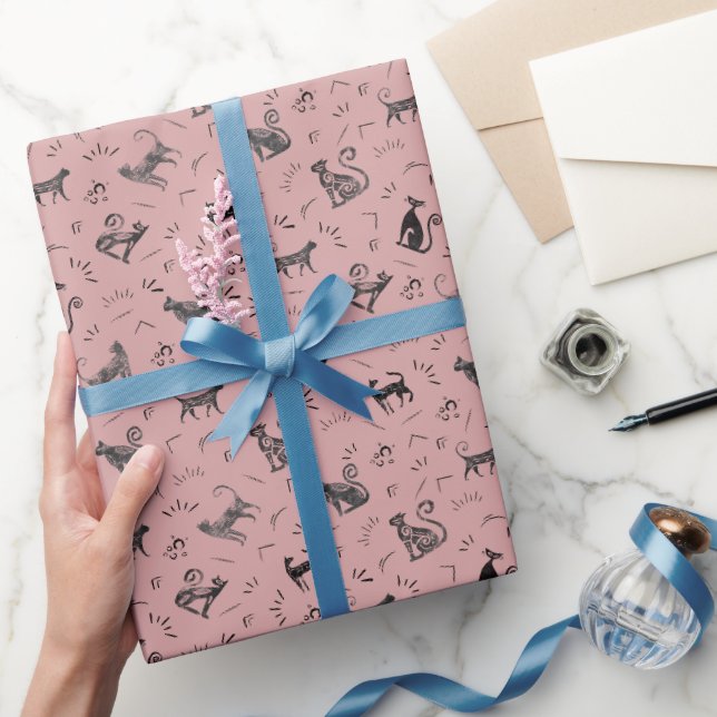 Papier Cadeau Chats d'art rupestre sur rose thé foncé (Cadeaux)