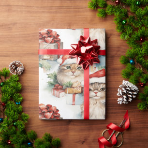 Papier Cadeau Chats de fête en chapeaux de Père Noël et cadeaux
