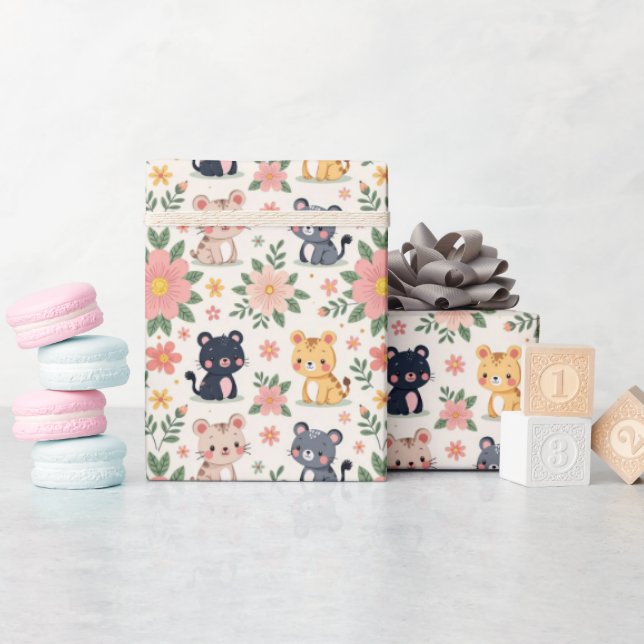 Papier Cadeau Chats de jungle de dessin animé et fleurs (Baby Shower)