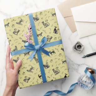 Papier Cadeau Chats de l'art rupestre sur fond jaune