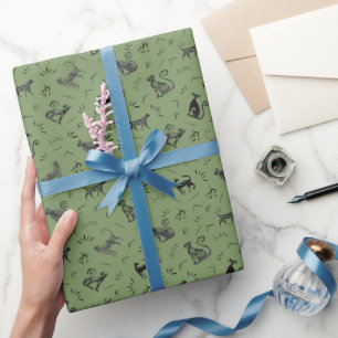 Papier Cadeau Chats de l'art rupestre sur fond vert