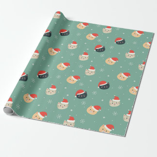 Papier Cadeau Chats de Noël avec chapeaux de Père Noël Motif