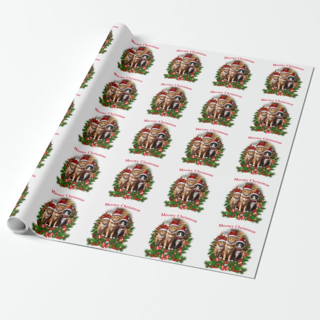 Papier Cadeau Chats de Noël joyeux (Déroulé)