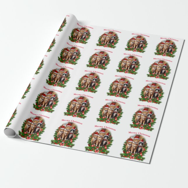 Papier Cadeau Chats de Noël joyeux (Déroulé)