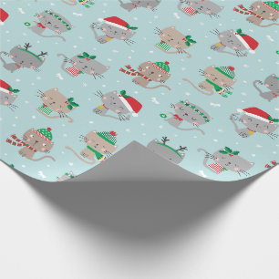 Papier Cadeau Chats de Noël mignons en bleu clair