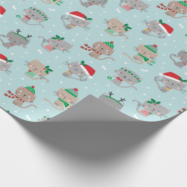 Papier Cadeau Chats de Noël mignons en bleu clair (Coin)