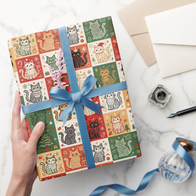 Papier Cadeau Chats de Noël Patchwork (Cadeaux)
