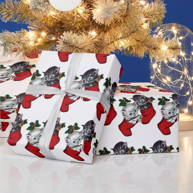Papier Cadeau chats de Noël rétro carrelés (Vacances)